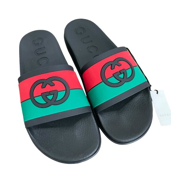 GUCCI Authentic Men's Interlocking G Slide Sandal Black Green Sz 10 US 10.5 NEW